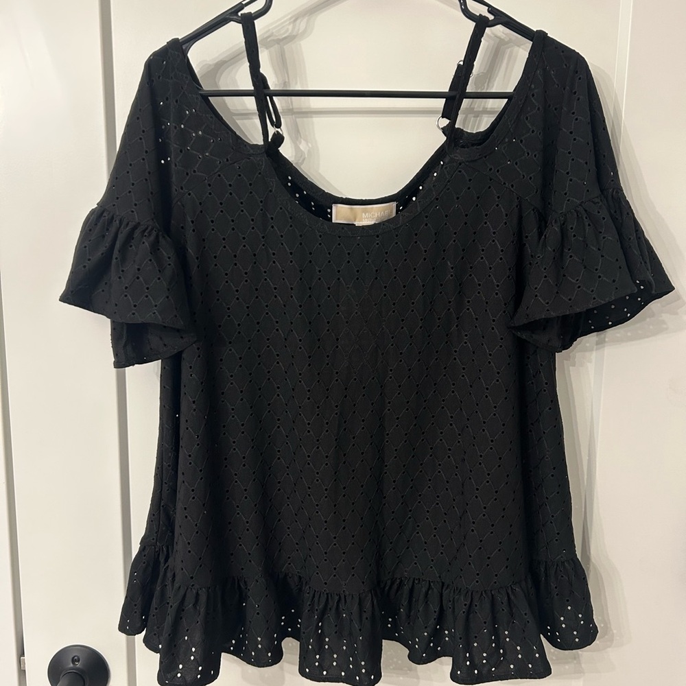 Michael Kors Black Eyelet Blouse with Ruffle Sleeves